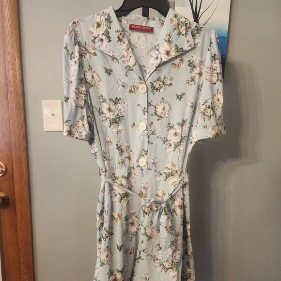 Vintage Womens Romper by BRITISH RETRO Button Up Blue Floral Size 16 - Picture 1 of 9